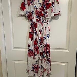 Floral Wrap Dress - White and Red